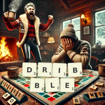 Kreative Illustration für ein Scrabble-Spiel, bei dem das Wort DRIBBLE mit Steinen auf dem Brett gelegt wurde.
