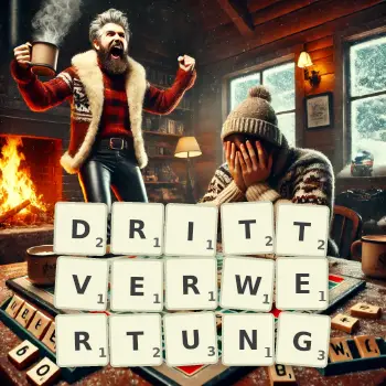 Kreative Illustration für ein Scrabble-Spiel, bei dem das Wort DRITTVERWERTUNG mit Steinen auf dem Brett gelegt wurde.