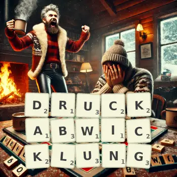 Kreative Illustration für ein Scrabble-Spiel, bei dem das Wort DRUCKABWICKLUNG mit Steinen auf dem Brett gelegt wurde.