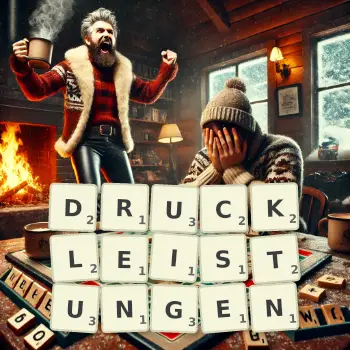 Kreative Illustration für ein Scrabble-Spiel, bei dem das Wort DRUCKLEISTUNGEN mit Steinen auf dem Brett gelegt wurde.