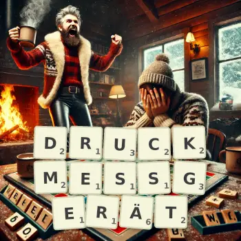 Kreative Illustration für ein Scrabble-Spiel, bei dem das Wort DRUCKMESSGERÄT mit Steinen auf dem Brett gelegt wurde.