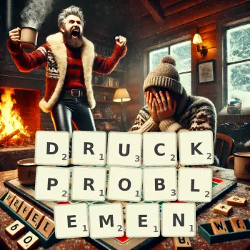 Kreative Illustration für ein Scrabble-Spiel, bei dem das Wort DRUCKPROBLEMEN mit Steinen auf dem Brett gelegt wurde.