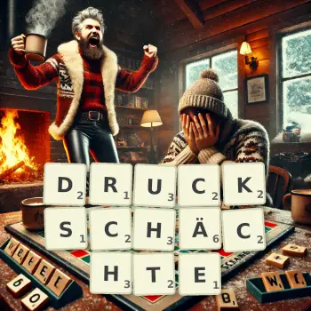 Kreative Illustration für ein Scrabble-Spiel, bei dem das Wort DRUCKSCHÄCHTE mit Steinen auf dem Brett gelegt wurde.