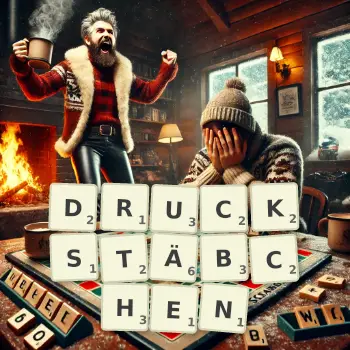 Kreative Illustration für ein Scrabble-Spiel, bei dem das Wort DRUCKSTÄBCHEN mit Steinen auf dem Brett gelegt wurde.