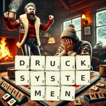 Kreative Illustration für ein Scrabble-Spiel, bei dem das Wort DRUCKSYSTEMEN mit Steinen auf dem Brett gelegt wurde.