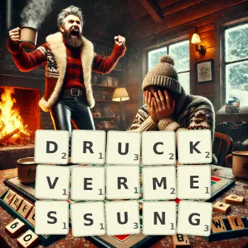 Kreative Illustration für ein Scrabble-Spiel, bei dem das Wort DRUCKVERMESSUNG mit Steinen auf dem Brett gelegt wurde.