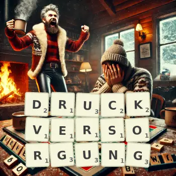 Kreative Illustration für ein Scrabble-Spiel, bei dem das Wort DRUCKVERSORGUNG mit Steinen auf dem Brett gelegt wurde.