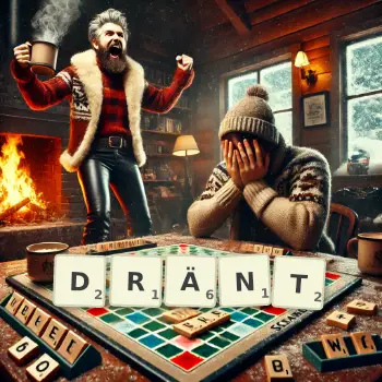 Kreative Illustration für ein Scrabble-Spiel, bei dem das Wort DRÄNT mit Steinen auf dem Brett gelegt wurde.