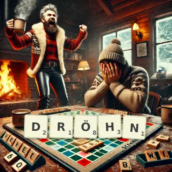 Kreative Illustration für ein Scrabble-Spiel, bei dem das Wort DRÖHN mit Steinen auf dem Brett gelegt wurde.