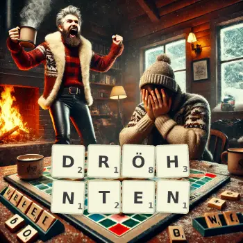 Kreative Illustration für ein Scrabble-Spiel, bei dem das Wort DRÖHNTEN mit Steinen auf dem Brett gelegt wurde.