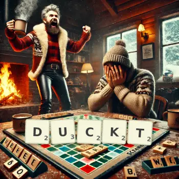 Kreative Illustration für ein Scrabble-Spiel, bei dem das Wort DUCKT mit Steinen auf dem Brett gelegt wurde.