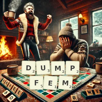 Kreative Illustration für ein Scrabble-Spiel, bei dem das Wort DUMPFEM mit Steinen auf dem Brett gelegt wurde.