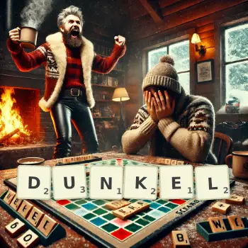 Kreative Illustration für ein Scrabble-Spiel, bei dem das Wort DUNKEL mit Steinen auf dem Brett gelegt wurde.