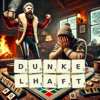 Kreative Illustration für ein Scrabble-Spiel, bei dem das Wort DUNKELHAFT mit Steinen auf dem Brett gelegt wurde.