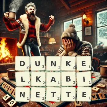 Kreative Illustration für ein Scrabble-Spiel, bei dem das Wort DUNKELKABINETTE mit Steinen auf dem Brett gelegt wurde.