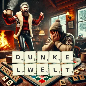 Kreative Illustration für ein Scrabble-Spiel, bei dem das Wort DUNKELWELT mit Steinen auf dem Brett gelegt wurde.