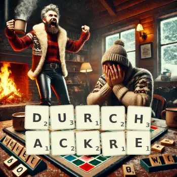 Kreative Illustration für ein Scrabble-Spiel, bei dem das Wort DURCHACKRE mit Steinen auf dem Brett gelegt wurde.