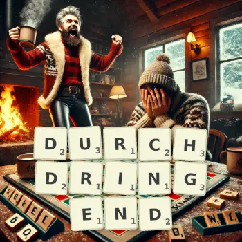 Kreative Illustration für ein Scrabble-Spiel, bei dem das Wort DURCHDRINGEND mit Steinen auf dem Brett gelegt wurde.