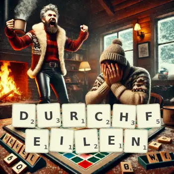 Kreative Illustration für ein Scrabble-Spiel, bei dem das Wort DURCHFEILEN mit Steinen auf dem Brett gelegt wurde.