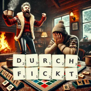 Kreative Illustration für ein Scrabble-Spiel, bei dem das Wort DURCHFICKT mit Steinen auf dem Brett gelegt wurde.