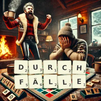 Kreative Illustration für ein Scrabble-Spiel, bei dem das Wort DURCHFÄLLE mit Steinen auf dem Brett gelegt wurde.