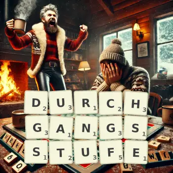 Kreative Illustration für ein Scrabble-Spiel, bei dem das Wort DURCHGANGSSTUFE mit Steinen auf dem Brett gelegt wurde.