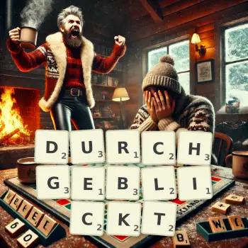 Kreative Illustration für ein Scrabble-Spiel, bei dem das Wort DURCHGEBLICKT mit Steinen auf dem Brett gelegt wurde.
