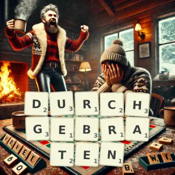 Kreative Illustration für ein Scrabble-Spiel, bei dem das Wort DURCHGEBRATEN mit Steinen auf dem Brett gelegt wurde.
