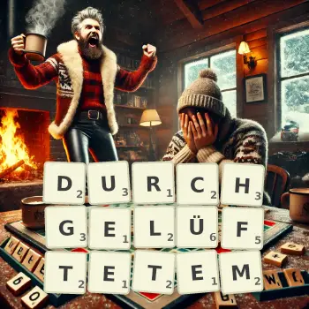 Kreative Illustration für ein Scrabble-Spiel, bei dem das Wort DURCHGELÜFTETEM mit Steinen auf dem Brett gelegt wurde.