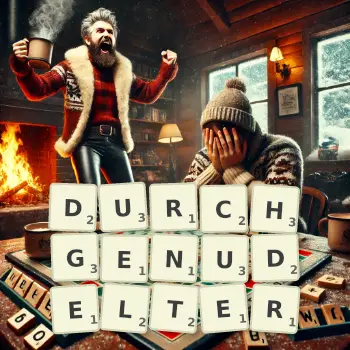 Kreative Illustration für ein Scrabble-Spiel, bei dem das Wort DURCHGENUDELTER mit Steinen auf dem Brett gelegt wurde.
