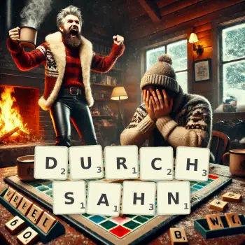 Kreative Illustration für ein Scrabble-Spiel, bei dem das Wort DURCHSAHN mit Steinen auf dem Brett gelegt wurde.