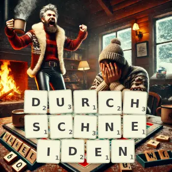 Kreative Illustration für ein Scrabble-Spiel, bei dem das Wort DURCHSCHNEIDEN mit Steinen auf dem Brett gelegt wurde.