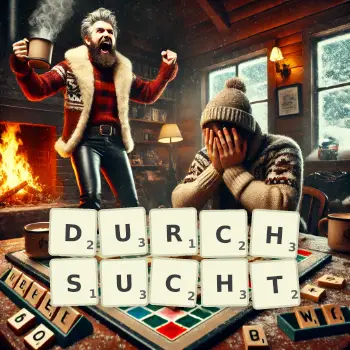 Kreative Illustration für ein Scrabble-Spiel, bei dem das Wort DURCHSUCHT mit Steinen auf dem Brett gelegt wurde.