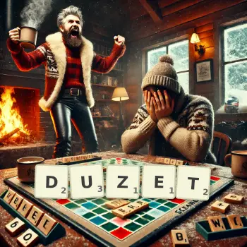 Kreative Illustration für ein Scrabble-Spiel, bei dem das Wort DUZET mit Steinen auf dem Brett gelegt wurde.