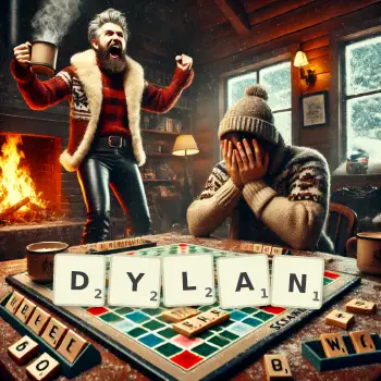 Kreative Illustration für ein Scrabble-Spiel, bei dem das Wort DYLAN mit Steinen auf dem Brett gelegt wurde.
