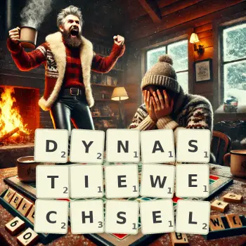 Kreative Illustration für ein Scrabble-Spiel, bei dem das Wort DYNASTIEWECHSEL mit Steinen auf dem Brett gelegt wurde.