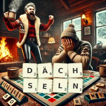 Kreative Illustration für ein Scrabble-Spiel, bei dem das Wort DÄCHSELN mit Steinen auf dem Brett gelegt wurde.