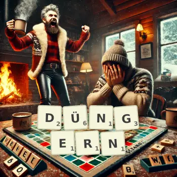 Kreative Illustration für ein Scrabble-Spiel, bei dem das Wort DÜNGERN mit Steinen auf dem Brett gelegt wurde.