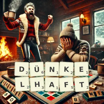 Kreative Illustration für ein Scrabble-Spiel, bei dem das Wort DÜNKELHAFT mit Steinen auf dem Brett gelegt wurde.