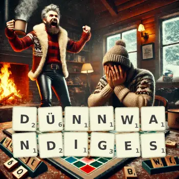 Kreative Illustration für ein Scrabble-Spiel, bei dem das Wort DÜNNWANDIGES mit Steinen auf dem Brett gelegt wurde.