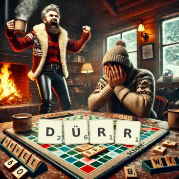 Kreative Illustration für ein Scrabble-Spiel, bei dem das Wort DÜRR mit Steinen auf dem Brett gelegt wurde.