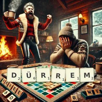 Kreative Illustration für ein Scrabble-Spiel, bei dem das Wort DÜRREM mit Steinen auf dem Brett gelegt wurde.
