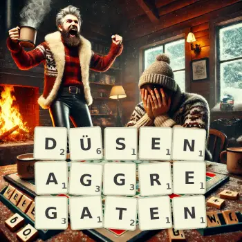 Kreative Illustration für ein Scrabble-Spiel, bei dem das Wort DÜSENAGGREGATEN mit Steinen auf dem Brett gelegt wurde.