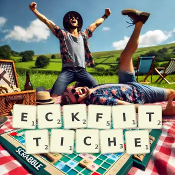 Kreative Illustration für ein Scrabble-Spiel, bei dem das Wort ECKFITTICHE mit Steinen auf dem Brett gelegt wurde.
