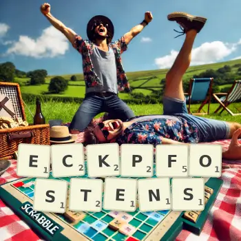 Kreative Illustration für ein Scrabble-Spiel, bei dem das Wort ECKPFOSTENS mit Steinen auf dem Brett gelegt wurde.