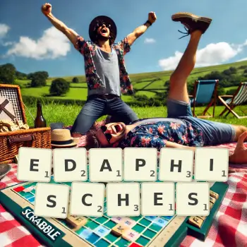 Kreative Illustration für ein Scrabble-Spiel, bei dem das Wort EDAPHISCHES mit Steinen auf dem Brett gelegt wurde.