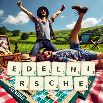 Kreative Illustration für ein Scrabble-Spiel, bei dem das Wort EDELHIRSCHE mit Steinen auf dem Brett gelegt wurde.