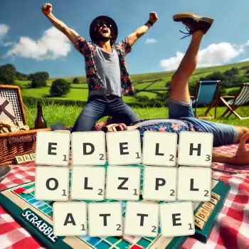 Kreative Illustration für ein Scrabble-Spiel, bei dem das Wort EDELHOLZPLATTE mit Steinen auf dem Brett gelegt wurde.