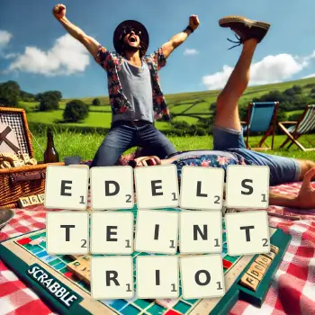 Kreative Illustration für ein Scrabble-Spiel, bei dem das Wort EDELSTEINTRIO mit Steinen auf dem Brett gelegt wurde.
