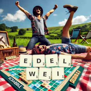 Kreative Illustration für ein Scrabble-Spiel, bei dem das Wort EDELWEI mit Steinen auf dem Brett gelegt wurde.